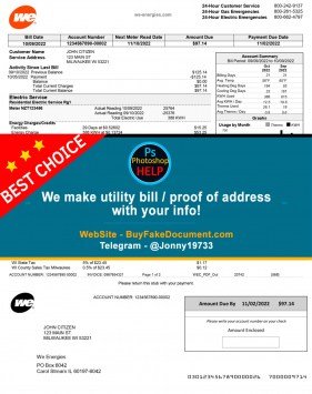 Wisconsin We Energies electricity utility bill Sample Fake utility bill